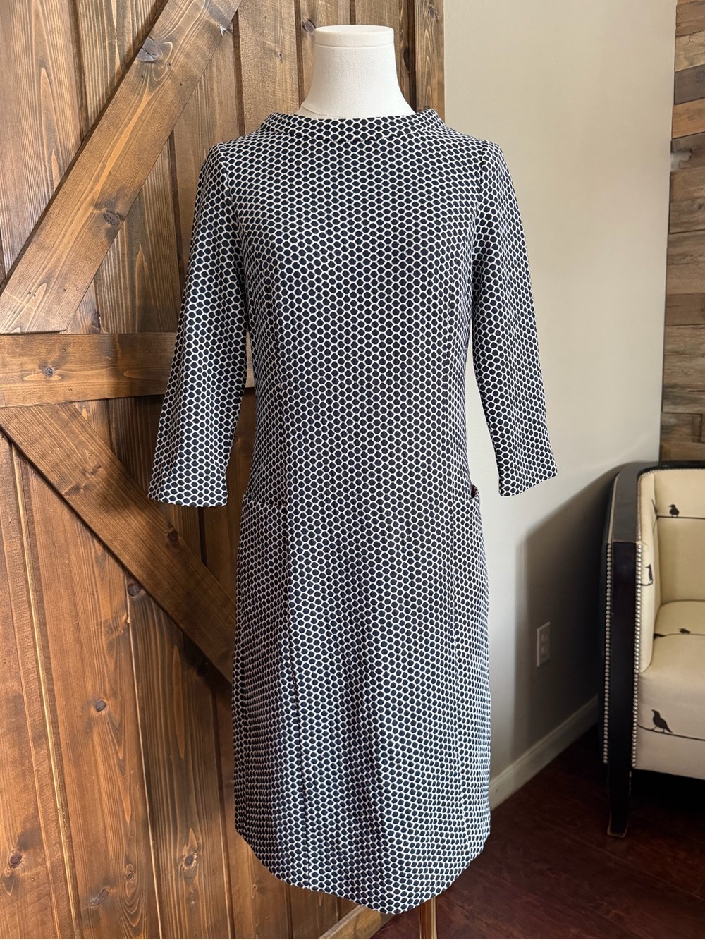 Boden Honeycomb Knit Shift Dress Navy/White Sz 6L NWOT NEW Pockets Lined Midi